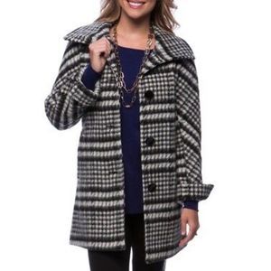 Ellen Tracy Black/White Brushed Plaid Wool Blend Coat